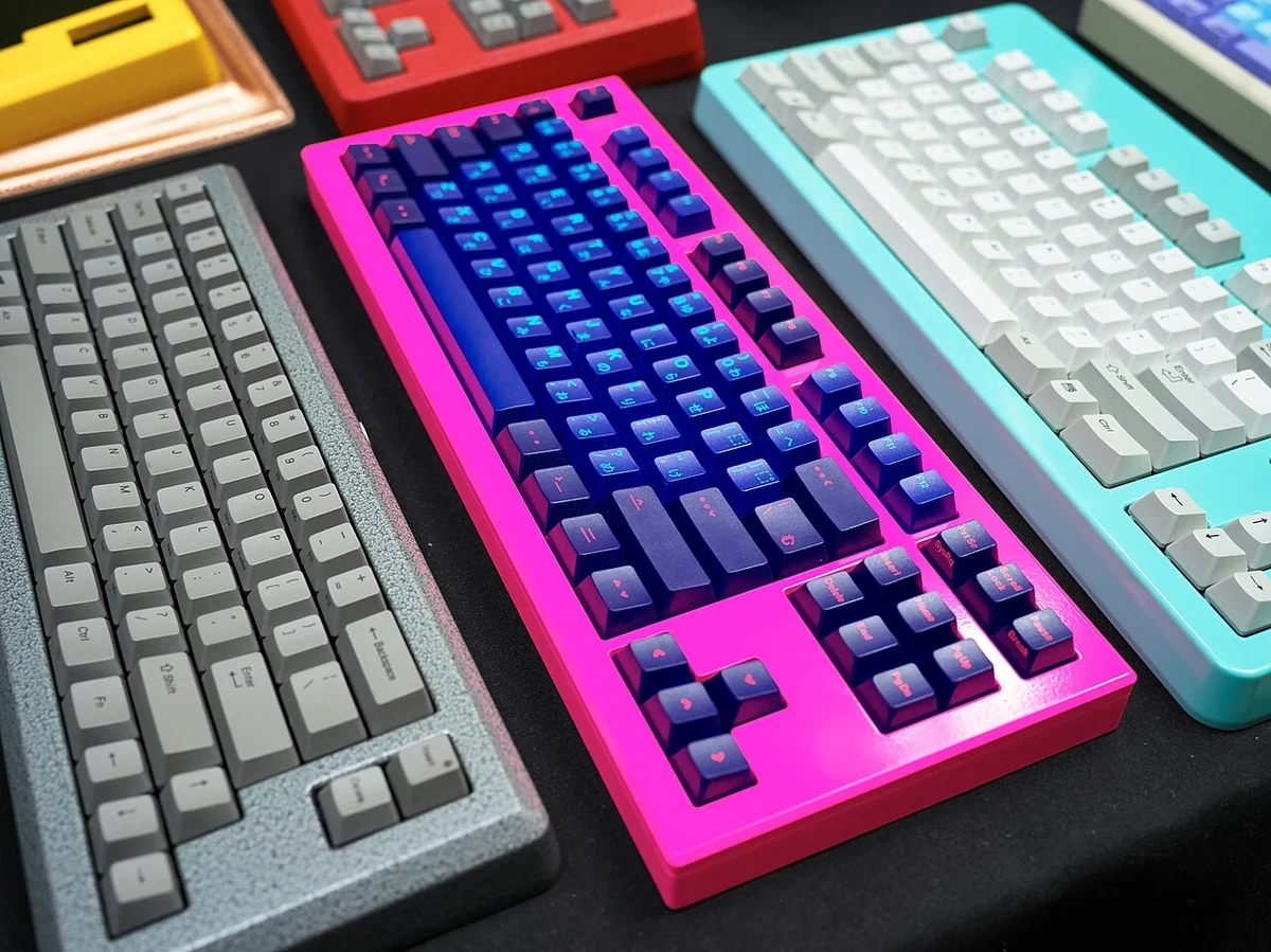 色の異なる複数のメカニカルキーボードが並ぶ展示台